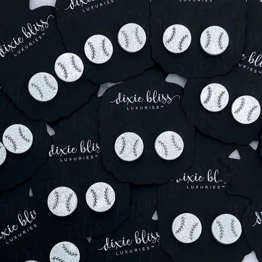 Baseball Stud Earrings in Silver Glitter